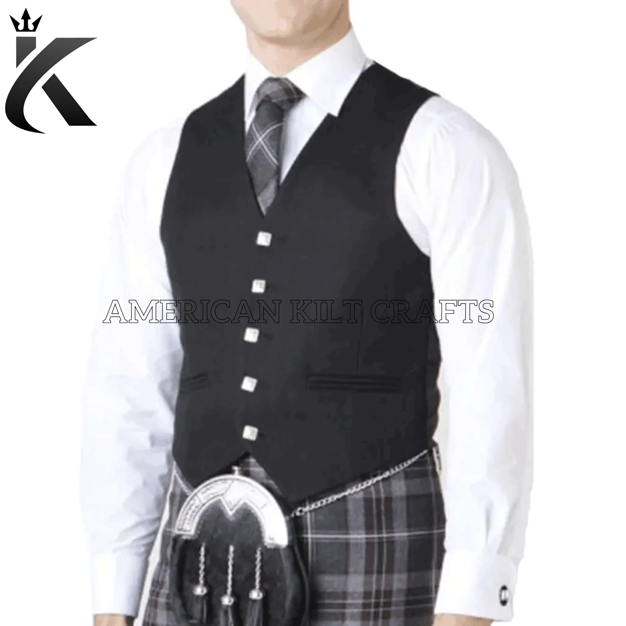 Scottish Black Worsted Flannel Fabric Argyle Jacket and Vest