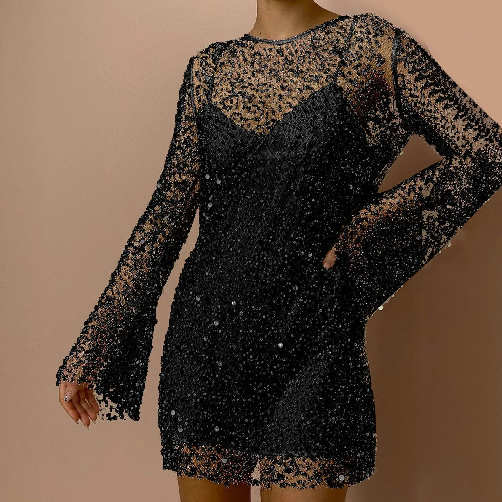 Sequin Shiny Hollow Evening Sling Party Long Sleeve A-Line Casual Sexy Dress