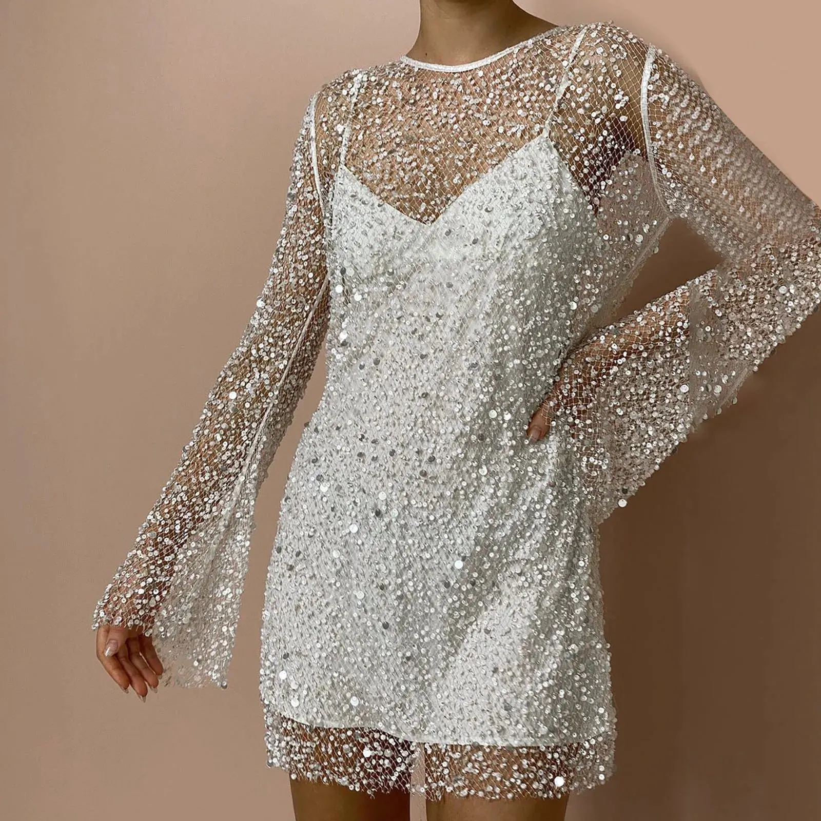 Sequin Shiny Hollow Evening Sling Party Long Sleeve A-Line Casual Sexy Dress