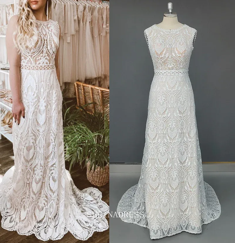 Sheath Lace Wedding Dresse Sleeveless Boho Custom Wedding Dress GRDK007