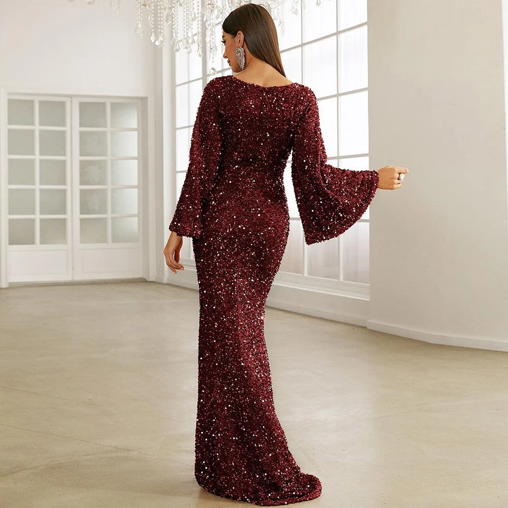 Shimmering Trumpet Sleeves Sequin Dress