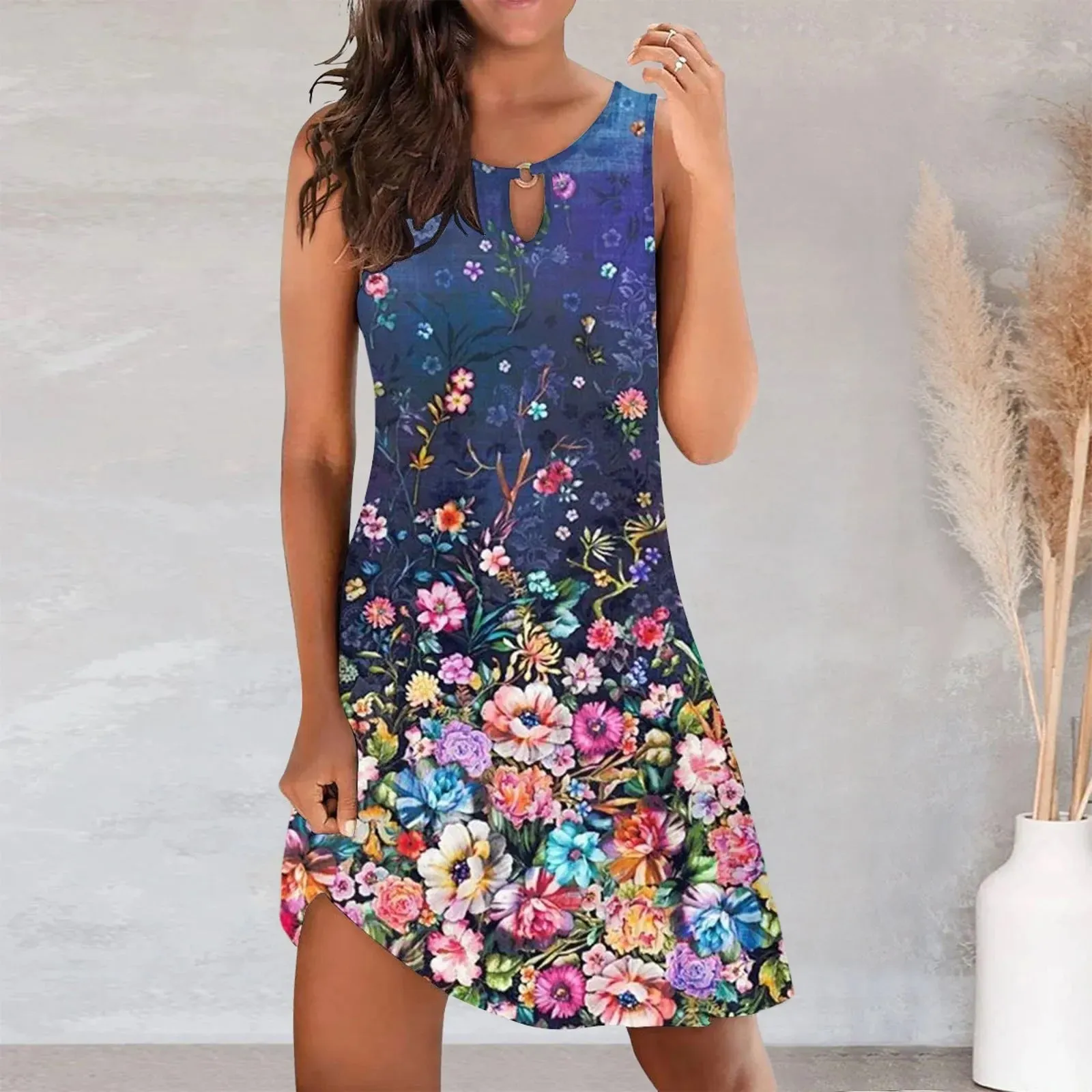 Sleeveless Round Neck Loose Beachy Relaxed Effortless Everyday Casual Printed Dress