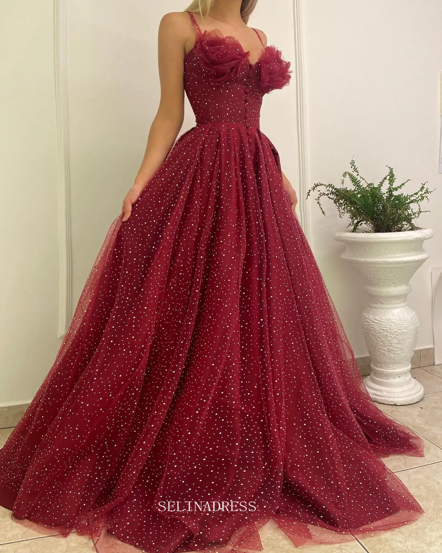 Spaghetti Straps Burgundy Prom Dress Beautiful Princess Long Evening Formal Dress #POL119