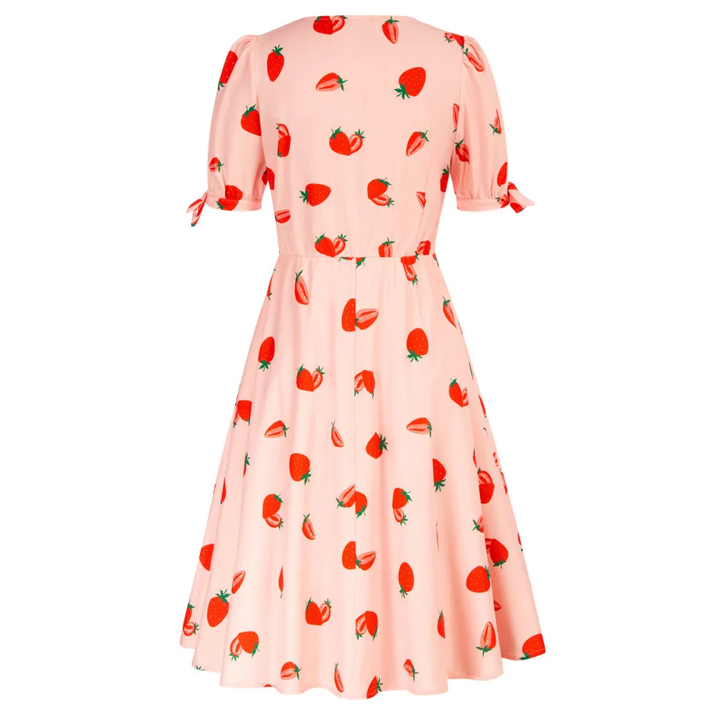 Strawberry Printed Defined Waist Dress Short Sleeve V-Neck Flared A-Line Dress