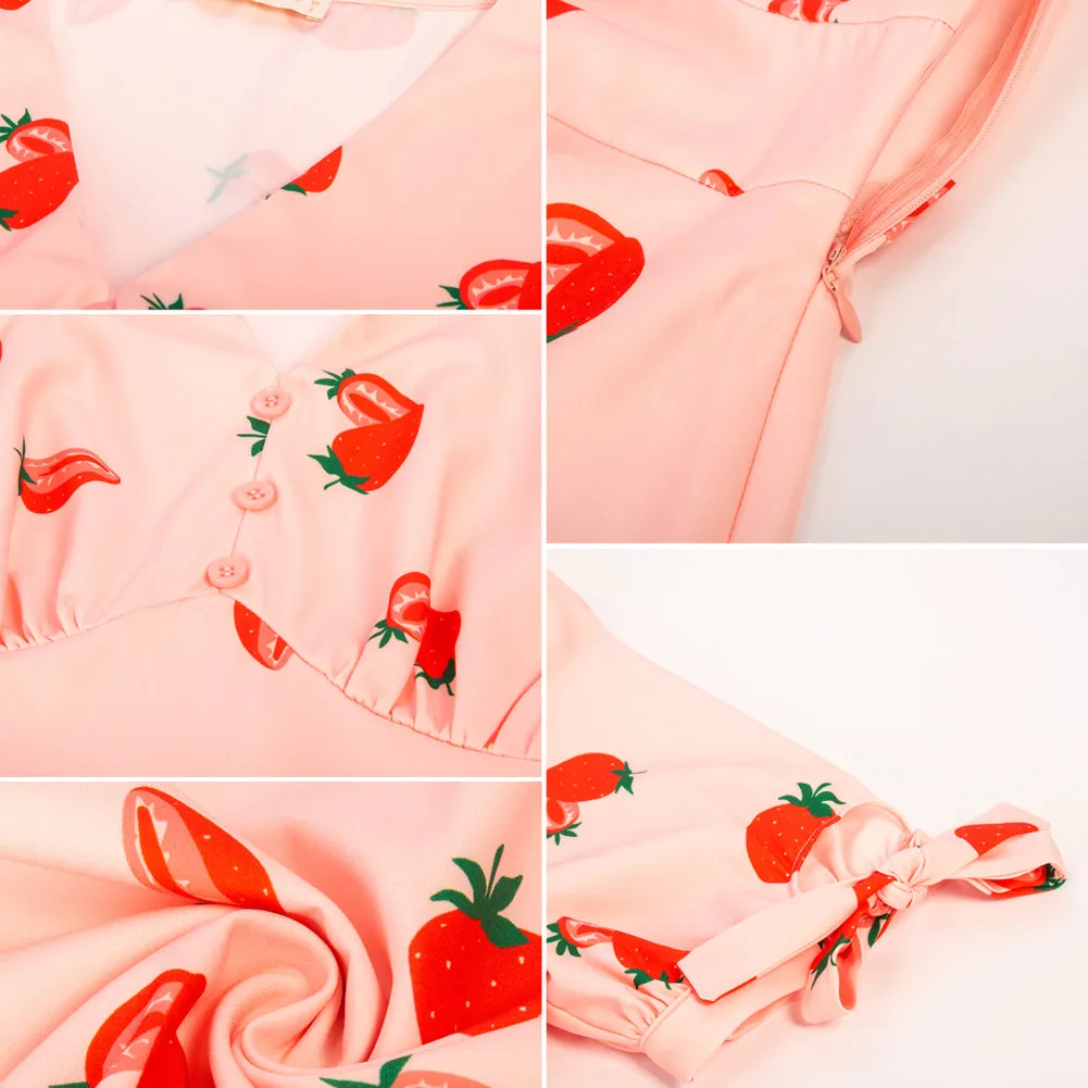 Strawberry Printed Defined Waist Dress Short Sleeve V-Neck Flared A-Line Dress