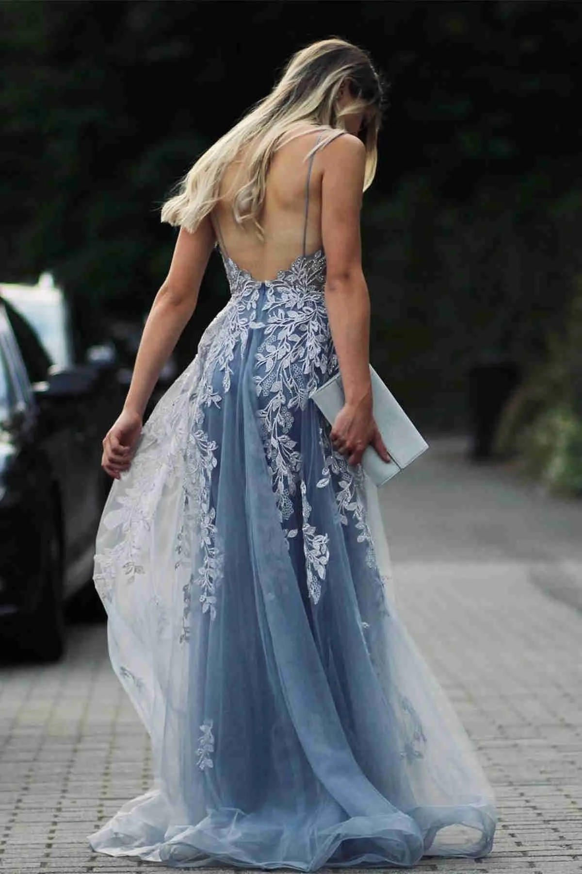 Stunning Dsuty Blue Tulle Long Formal Dress with Appliques ASSD004