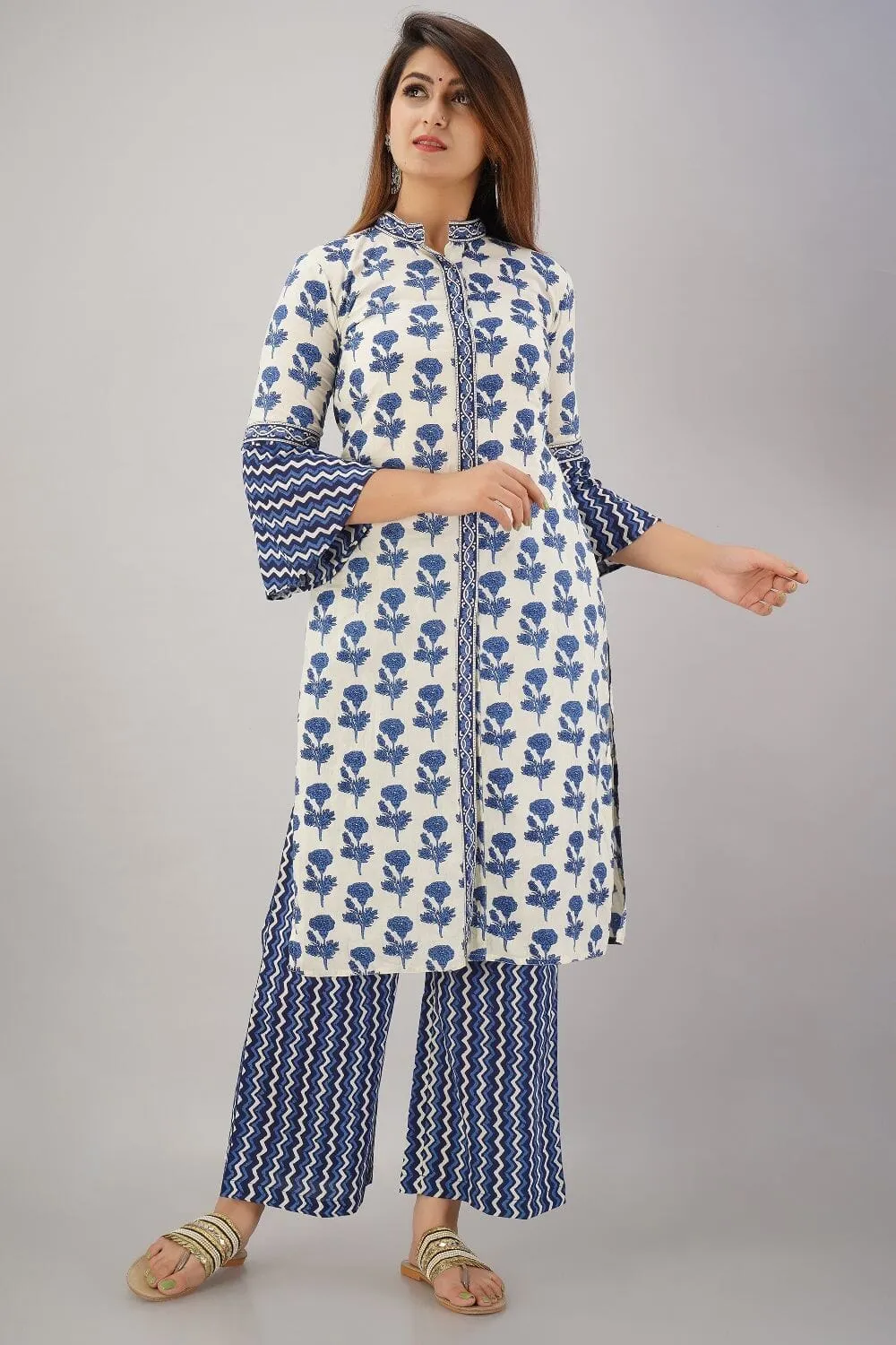 SVARCHI Women's Cotton Cambric Floral Printed Straight Kurta & Palazzo Set (White & Blue)