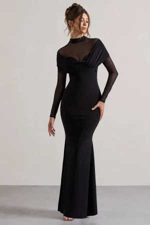 Tasha | Black Mesh High-Neck Long-Sleeve Maxi Dress