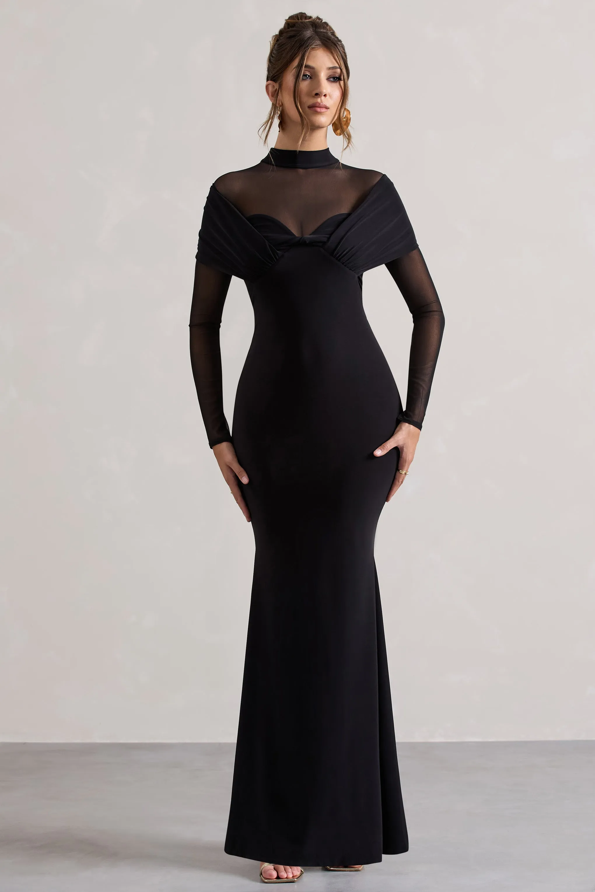 Tasha | Black Mesh High-Neck Long-Sleeve Maxi Dress