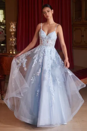 Vivid Prom Dress Floral Appliqued Tulle Ballgown 740347TKR-Blue Cinderella Divine CM347