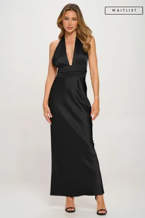 Waitlist 11/28 ♥ Kristi Sleeveless Deep Neck Halter Satin Maxi Dress Black