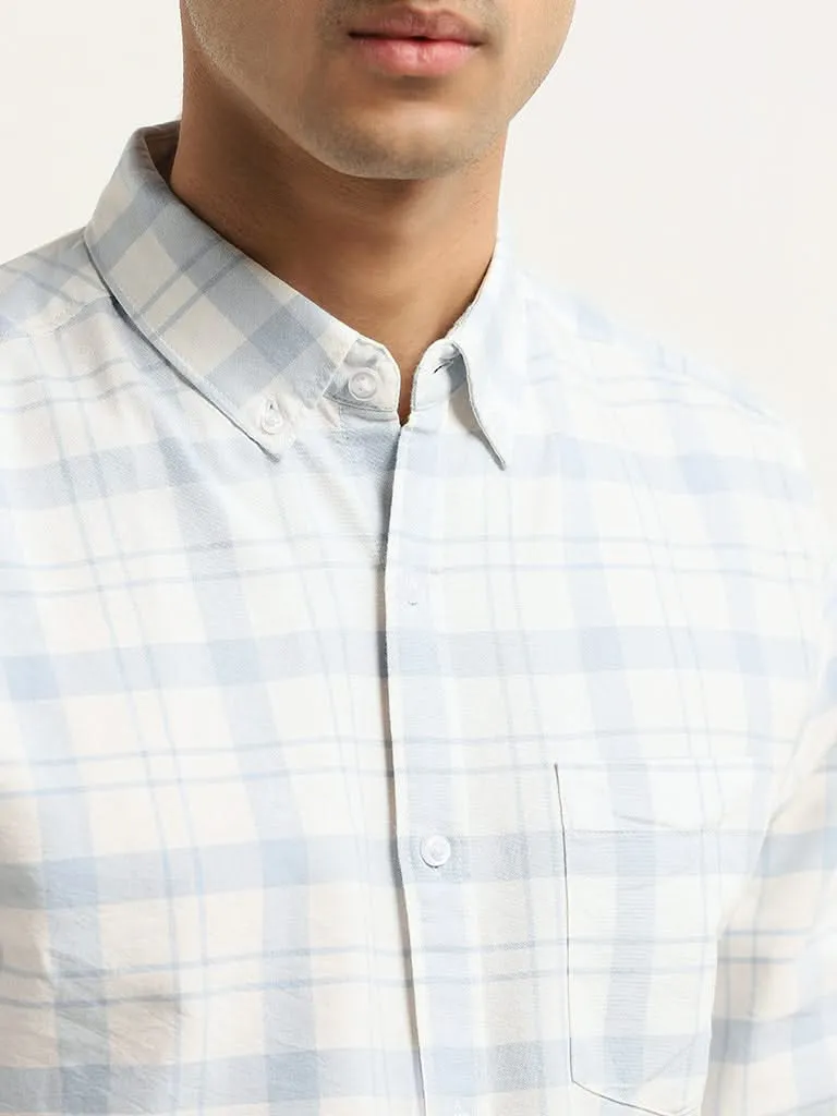 WES Casuals Blue Checked Cotton Slim Fit Shirt