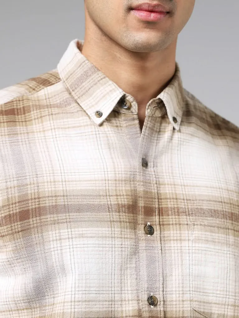 WES Casuals Brown Plaid Checked Cotton Slim-Fit Shirt