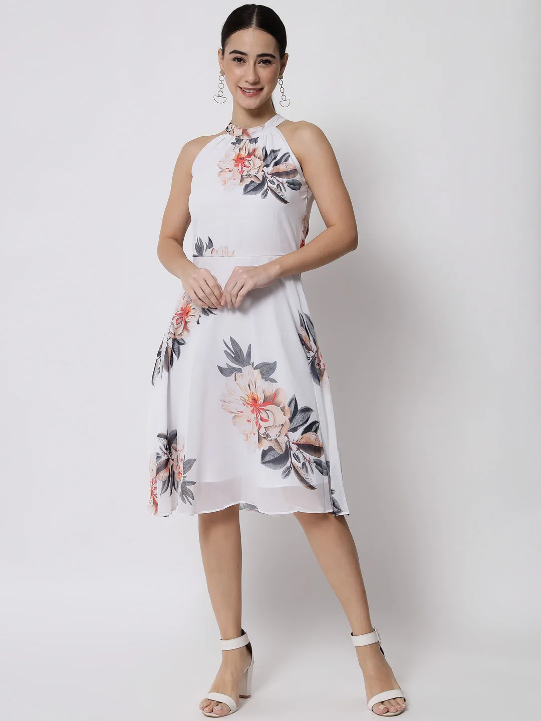 White Floral Printed Georgette Midi Dress