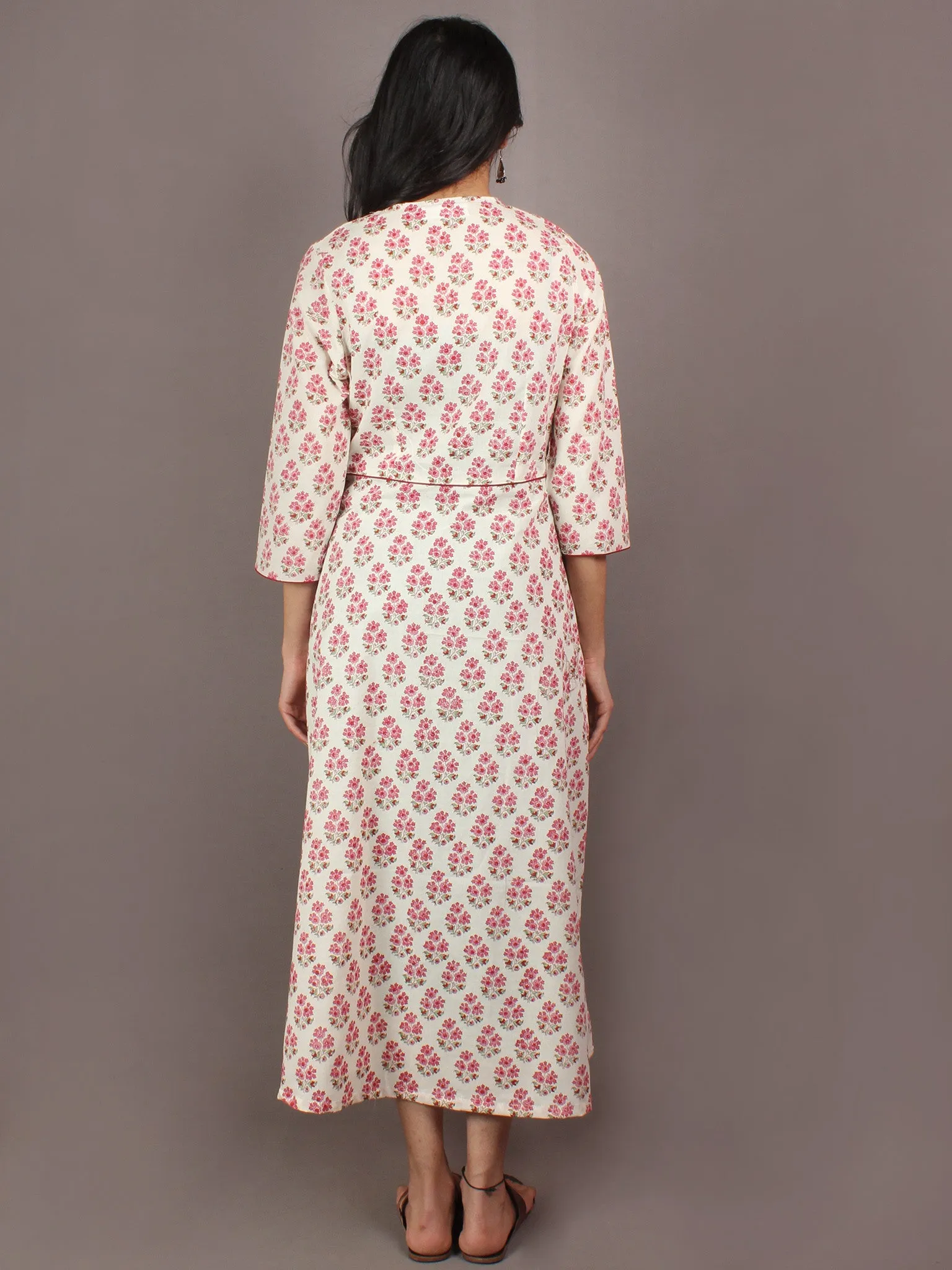 White Pink Mint Green Hand Block Printed Long Cotton Angrakha Dress - D2012301