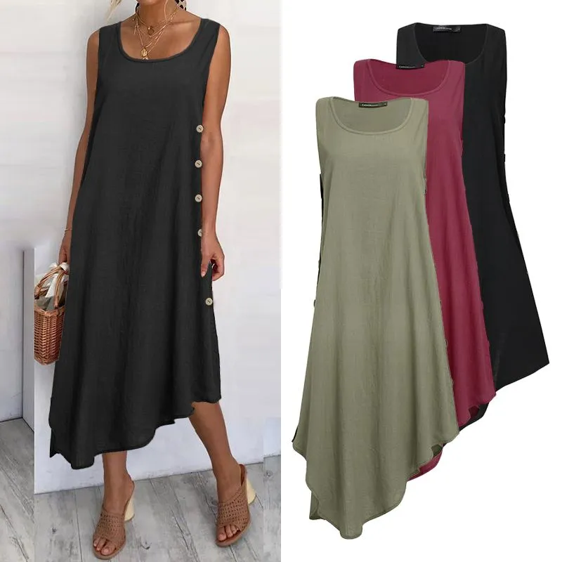 Wjczt 2022 Women&#39;s Summer Long Dress Fashion Beach Sleeveless Vest Maxi Dress Celmia Casual Asymmetrical Sundress Solid Loose Robes