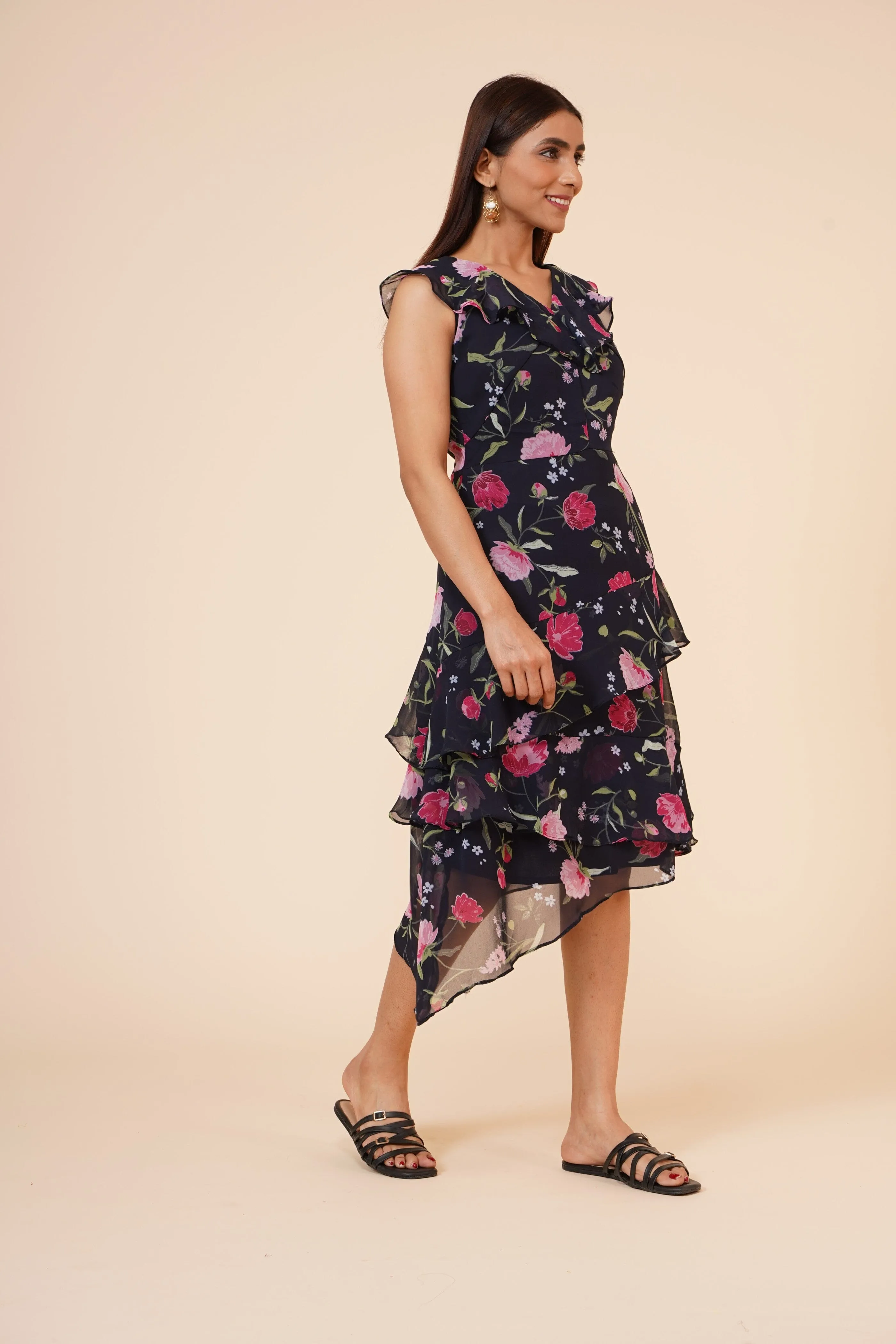 Women's black Floral Printed Georgette  Ruffle Party Evening  Dress