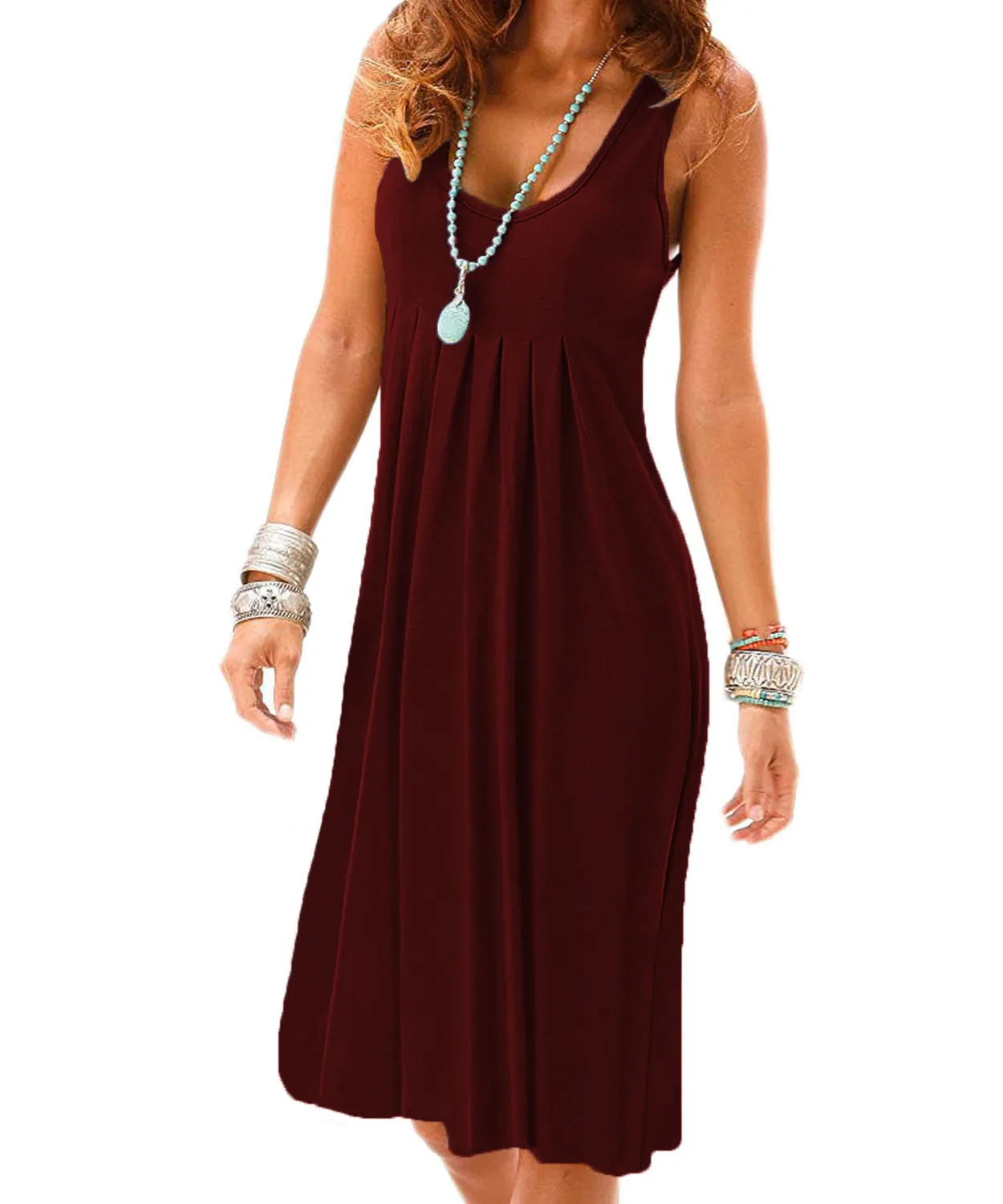 Women's Casual Summer Tank Sleeveless Knee Length Pleated Sun Dresses