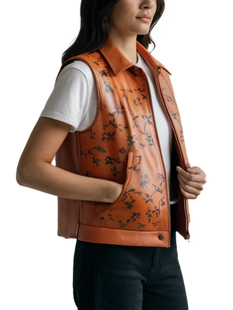 Women's Floral Embossed Stylish Design Orange Leather Vest