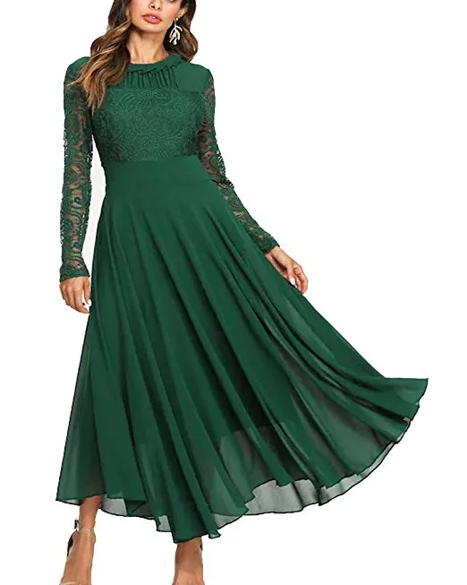 Women's Long Sleeve Chiffon Maxi Dresses Casual Floral Lace Evening Cocktail Party Long Dress