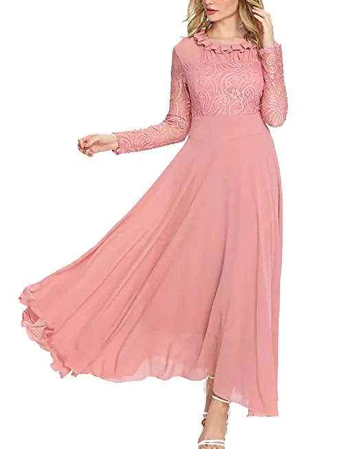 Women's Long Sleeve Chiffon Maxi Dresses Casual Floral Lace Evening Cocktail Party Long Dress