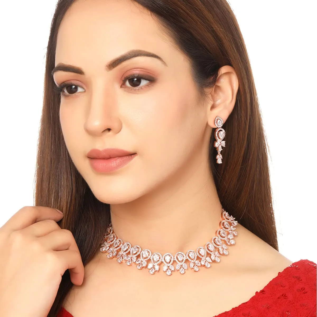 Yellow Chimes Jewellery Set for Womens Rosegold Plated AD/American Diamond Studded Crystal Necklace Set with Earrings for Women and Girls