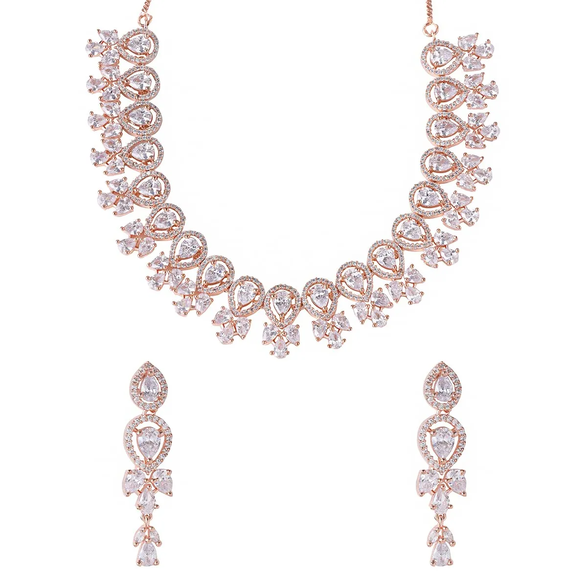 Yellow Chimes Jewellery Set for Womens Rosegold Plated AD/American Diamond Studded Crystal Necklace Set with Earrings for Women and Girls