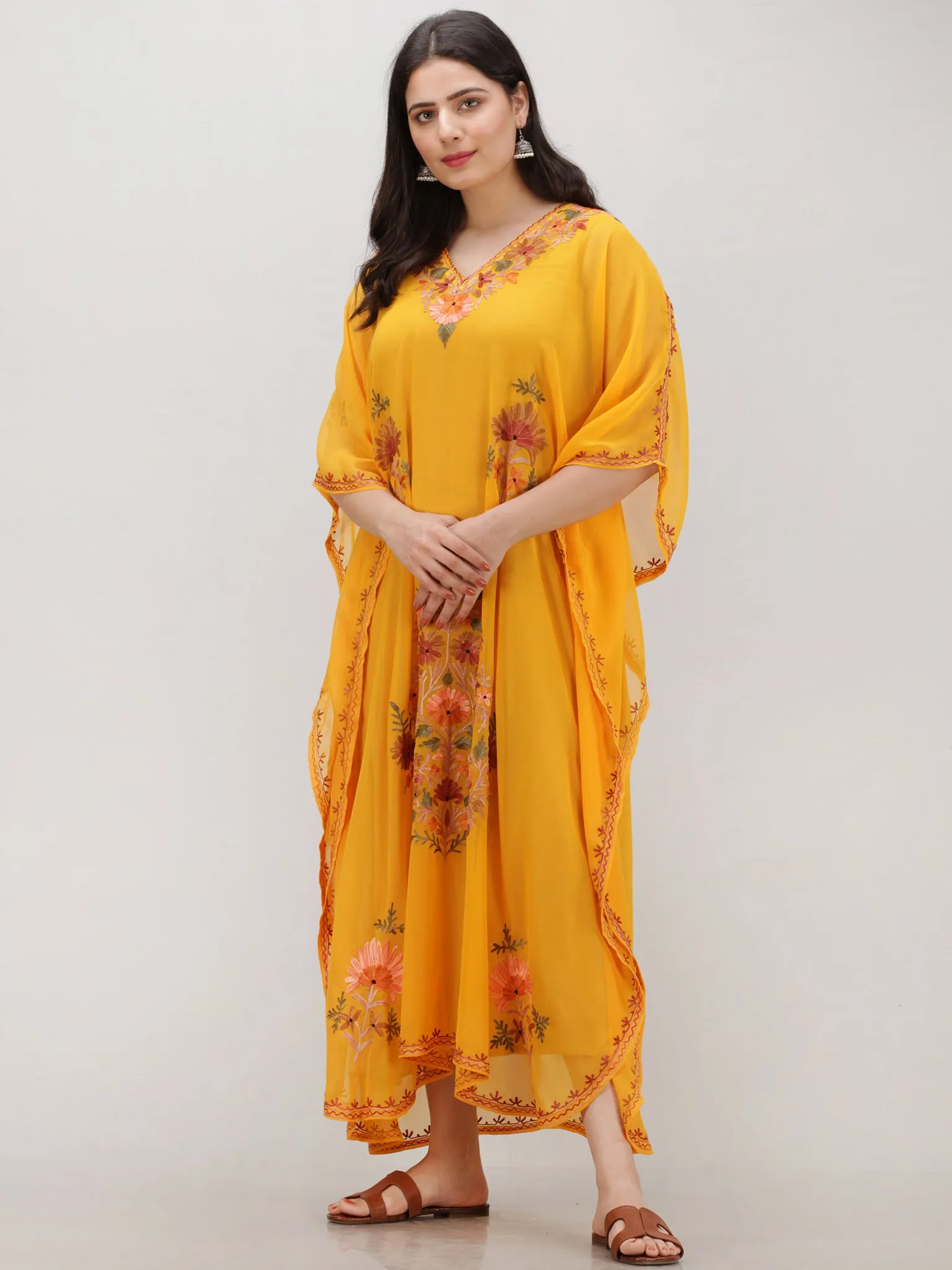 Yellow Multicolor Aari Embroidered Kashmere Free Size Georgette Kaftan  - K12K005