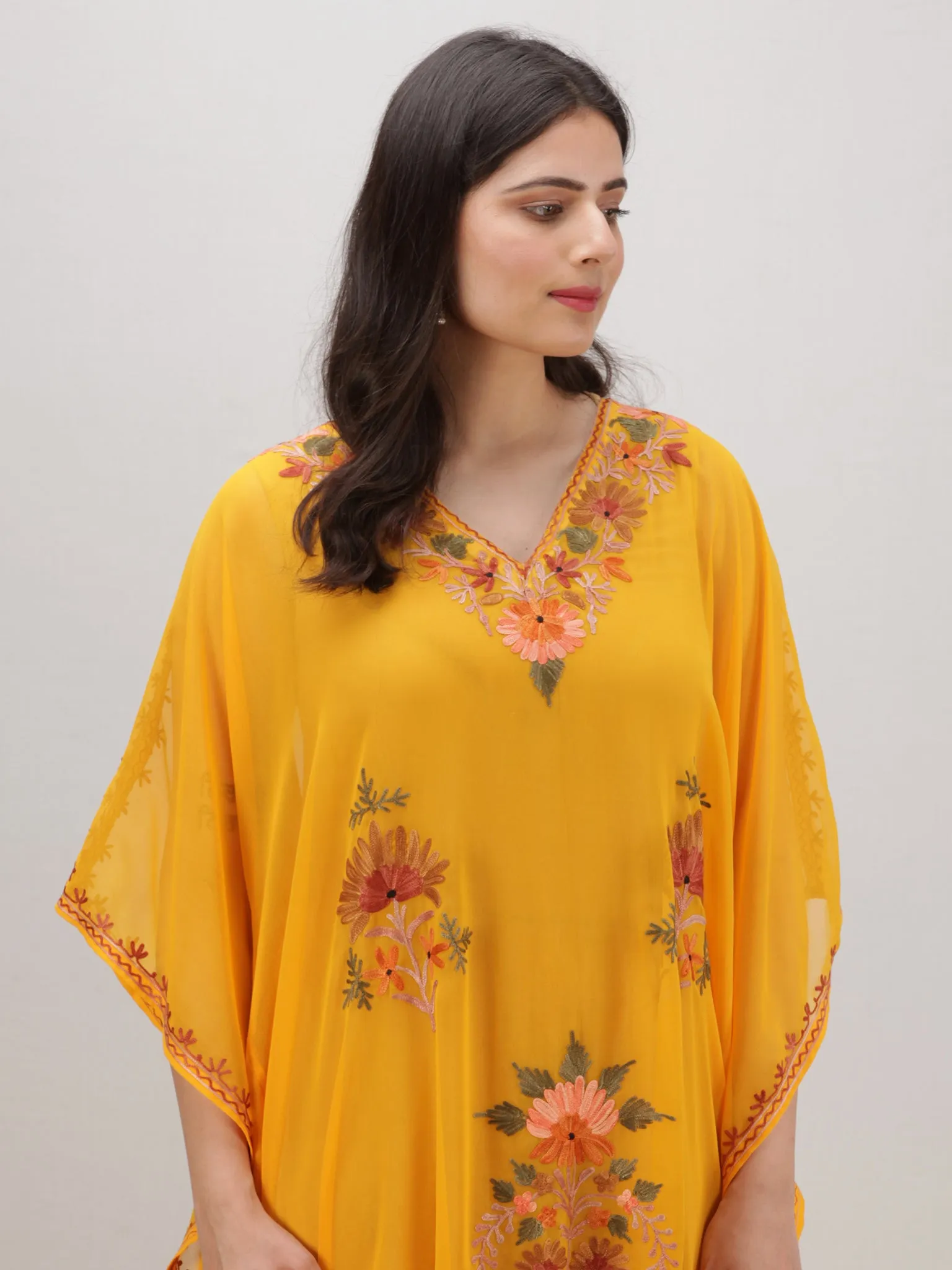 Yellow Multicolor Aari Embroidered Kashmere Free Size Georgette Kaftan  - K12K005