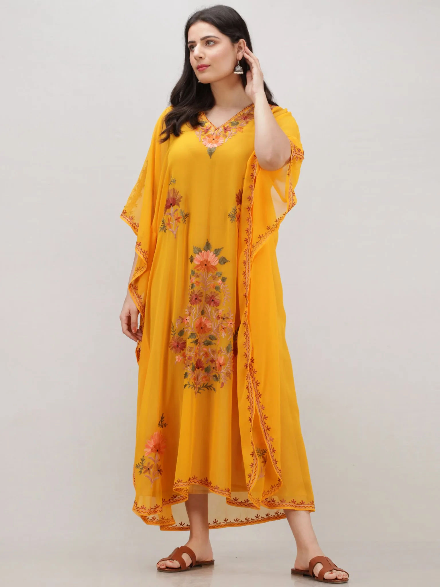 Yellow Multicolor Aari Embroidered Kashmere Free Size Georgette Kaftan  - K12K005