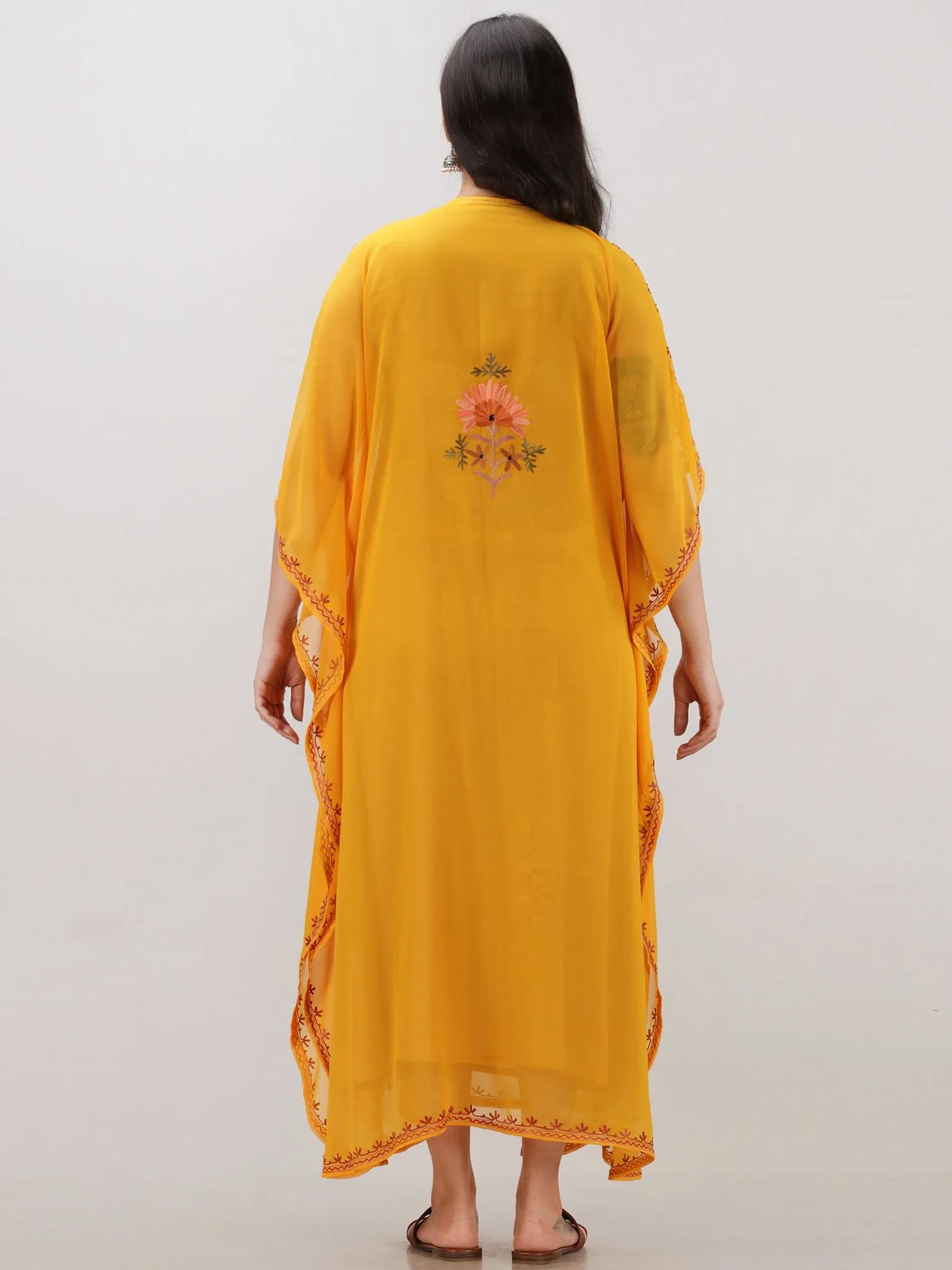 Yellow Multicolor Aari Embroidered Kashmere Free Size Georgette Kaftan  - K12K005