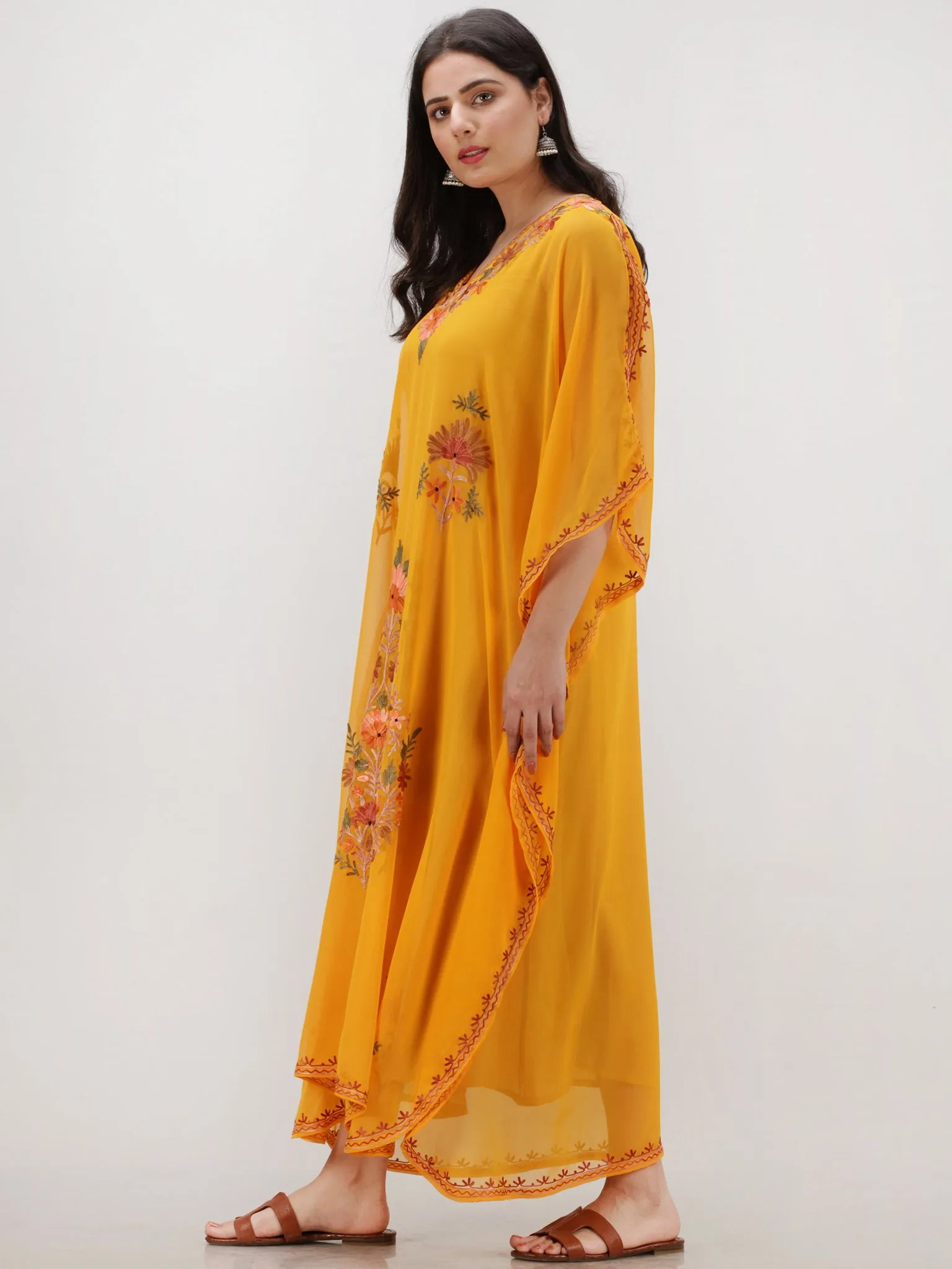 Yellow Multicolor Aari Embroidered Kashmere Free Size Georgette Kaftan  - K12K005